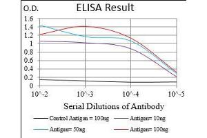Black line: Control Antigen (100 ng), Purple line: Antigen(10 ng), Blue line: Antigen (50 ng), Red line: Antigen (100 ng), (PAPLN anticorps  (AA 766-870))