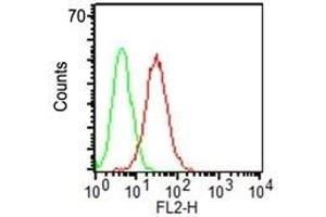 Flow Cytometry of KG-1 cells using CD34 Monoclonal Antibody (ICO-115) (red) and isotype control (green). (CD34 anticorps)