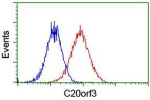 Flow cytometric Analysis of Hela cells, using anti-C20orf3 antibody (ABIN2455502), (Red), compared to a nonspecific negative control antibody, (Blue). (APMAP anticorps)