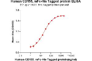 ELISA plate pre-coated by 2 μg/mL (100 μL/well) Human CD155, mFc-His tagged protein (ABIN6961100, ABIN7042229 and ABIN7042230) can bind Human TIGIT, hFc tagged protein ABIN6961144, ABIN7042317 and ABIN7042318 in a linear range of 1.