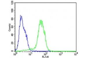 Flow cytometric analysis of HepG2 cells using Epcam antibody (green) compared to an isotype control of rabbit IgG (blue)