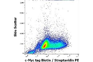 Flow cytometry intracellular staining pattern of LST-1-c-Myc transfected HEK-293 cells stained using anti-c-Myc tag (9E10) Biotin antibody (concentration in sample 5 μg/mL, Streptavidin PE). (Myc Tag anticorps  (C-Term) (Biotin))