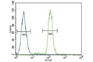 CD14 antibody flow cytometric analysis of A549 cells (green) compared to a negative control (blue).
