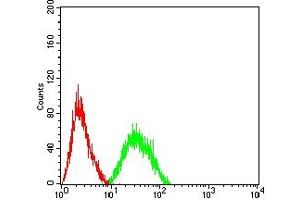Flow cytometric analysis of Jurkat cells using CD3D mouse mAb (green) and negative control (red).