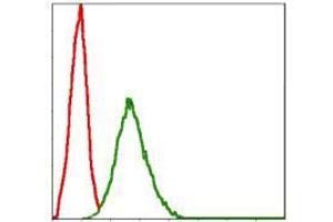 Flow cytometric analysis of NIH/3T3 cells using SKP1 mouse mAb (green) and negative control (red).