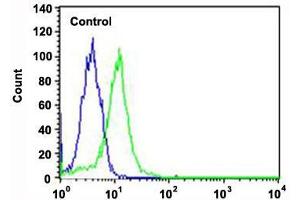 Flow cytometric analysis of Hela cells (green histogram) and an isotype control of mouse IgG1 (blue histogram) reacted with PPARA monoclonal antibody  at 1:25 dilution.