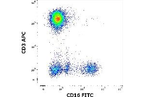 Flow cytometry multicolor surface staining pattern of human peripheral whole blood stained using anti-human CD16 (3G8) FITC antibody (4 μL reagent / 100 μL of peripheral whole blood) and anti-human CD3 (UCHT1) APC antibody (10 μL reagent / 100 μL of peripheral whole blood). (CD16 anticorps  (FITC))