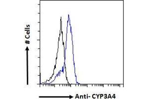 ABIN185606 Flow cytometric analysis of paraformaldehyde fixed HepG2 cells (blue line), permeabilized with 0.