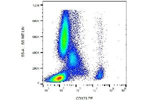 Surface staining of human peripheral blood with anti-CD123 (6H6) PE. (IL3RA anticorps  (PE))