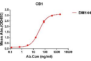 ELISA plate pre-coated by 1 μg/mL (100 μL/well) Human CB1 protein, hFc tagged protein ABIN6964092, ABIN7042439 and ABIN7042440 can bind Rabbit anti-CB1 monoclonal antibody (clone: DM144) in a linear range of 5-200 ng/mL.