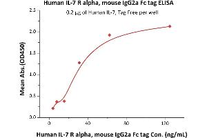 Immobilized Human IL-7, Tag Free (ABIN2181324,ABIN2693600,ABIN3071740) at 2 μg/mL (100 μL/well) can bind Human IL-7 R alpha, Mouse IgG2a Fc Tag (ABIN5674632,ABIN6253694) with a linear range of 4-31 ng/mL (QC tested). (IL7R Protein (AA 21-236) (Fc Tag))