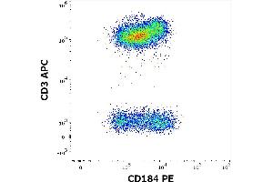 Flow cytometry multicolor surface staining of human peripheral whole blood stained using anti-human CD184 (12G5) PE antibody (10 μL reagent / 100 μL of peripheral whole blood) and anti-human CD3 (UCHT1) APC antibody (10 μL reagent / 100 μL of peripheral whole blood). (CXCR4 anticorps  (PE))