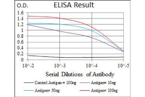 Red: Control Antigen (100ng) ; Purple: Antigen (10ng) ; Green: Antigen (50ng) ; Blue: Antigen (100ng).