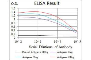 Red: Control Antigen (100ng) ; Purple: Antigen (10ng) ; Green: Antigen (50ng) ; Blue: Antigen (100ng).