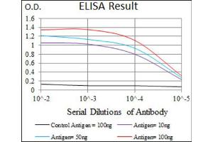 Red: Control Antigen (100ng) ; Purple: Antigen (10ng) ; Green: Antigen (50ng) ; Blue: Antigen (100ng).