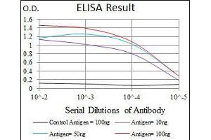 Black line: Control Antigen (100 ng), Purple line: Antigen(10 ng), Blue line: Antigen (50 ng), Red line: Antigen (100 ng), (Glypican 3 anticorps)