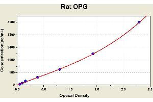 Diagramm of the ELISA kit to detect Rat OPGwith the optical density on the x-axis and the concentration on the y-axis. (Osteoprotegerin Kit ELISA)