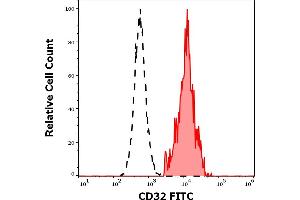 Separation of human CD32 positive lymphocytes (red-filled) from CD32 negative lymphocytes (black-dashed) in flow cytometry analysis (surface staining) of human peripheral whole blood stained using anti-human CD32 (3D3) FITC antibody (4 μL reagent / 100 μL of peripheral whole blood). (Fc gamma RII (CD32) anticorps (FITC))