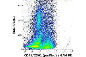 Flow cytometry surface staining pattern of PHA stimulated human peripheral whole blood stained using anti-human CD41/CD61 (PAC-1) purified antibody (concentration in sample 8 μg/mL, GAM PE). (CD41, CD61 anticorps)