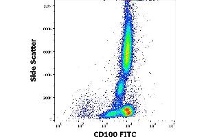 Flow cytometry surface staining pattern of human peripheral whole blood stained using anti-human CD100 (133-1C6) FITC antibody (4 μL reagent / 100 μL of peripheral whole blood). (SEMA4D/CD100 anticorps  (FITC))