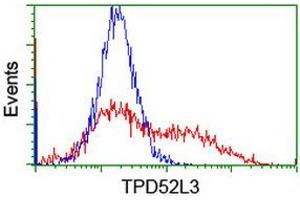HEK293T cells transfected with either RC205471 overexpress plasmid (Red) or empty vector control plasmid (Blue) were immunostained by anti-TPD52L3 antibody (ABIN2455917), and then analyzed by flow cytometry. (TPD52L3 anticorps)