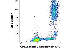 Flow cytometry surface staining pattern of human peripheral whole blood stained using anti-human CD11b (MEM-174) Biotin antibody (concentration in sample 6 μg/mL, Streptavidin APC).