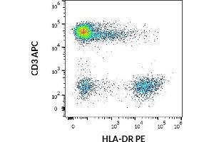 Flow cytometry multicolor surface staining pattern of human lymphocytes using anti-human CD3 (UCHT1) APC antibody (10 μL reagent / 100 μL of peripheral whole blood) and anti-human HLA-DR (L243) PE antibody (10 μL reagent / 100 μL of peripheral whole blood). (HLA-DR anticorps  (PE))