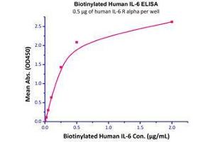 Immobilized Human IL-6 R alpha, His Tag (Cat# ILR-H4223) at 5μg/mL (100 µL/well),can bind Biotinylated Human IL-6 (Cat# IL6-H8218) with a linear range of 4-250 ng/mL. (IL-6 Protein (AA 30-212) (Biotin))