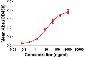 ELISA plate pre-coated by 2 μg/mL (100 μL/well) Human CD33 protein, hFc-His tagged protein ABIN6961110, ABIN7042249 and ABIN7042250 can bind Rabbit anti-CD33 monoclonal antibody  (clone: DM77) in a linear range of 1-100 ng/mL.