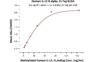 Immobilized Human IL-15 R alpha, Fc Tag (ABIN6731259,ABIN6809889) at 2 μg/mL (100 μL/well) can bind Biotinylated Human IL-15, Fc,Avitag (ABIN6731260,ABIN6809922) with a linear range of 2-78 ng/mL (QC tested). (IL15RA Protein (AA 31-205) (Fc Tag))