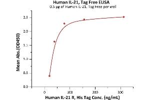 Immobilized Human IL-21, Tag Free (ABIN6992391) at 5 μg/mL (100 μL/well) can bind Human IL-21 R, His Tag (ABIN2181372,ABIN2181371) with a linear range of 20-78 ng/mL (QC tested). (IL-21 Protein (AA 30-162))