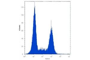 TLR9 antibody flow cytometric analysis of Ramos cells (right histogram) compared to a negative control (left histogram).