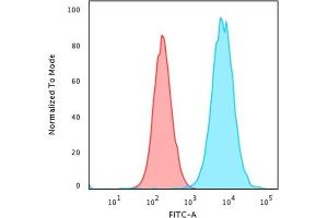 Flow Cytometric Analysis of PFA-fixed HeLa cells using Beta-2-Microglobulin Mouse Recombinant MAb (rB2M/961) followed by Goat anti-Mouse IgG-CF488 (Blue); Isotype Control (Red)