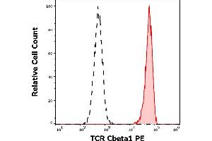 Separation of human TCR Cbeta1 positive lymphocytes (red-filled) from TCR Cbeta1 negative lymphocytes (black-dashed) in flow cytometry analysis (surface staining) of human peripheral whole blood stained using anti-human TCR Cbeta1 (JOVI. (TCR, Cbeta1 anticorps (PE))