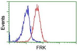 Flow cytometric Analysis of Jurkat cells, using anti-FRK antibody (ABIN2453819), (Red), compared to a nonspecific negative control antibody, (Blue). (FRK anticorps)