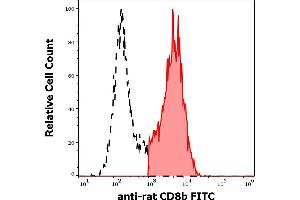 Separation of rat CD8b positive cells (red-filled) from CD8b negative cells (black-dashed) in flow cytometry analysis (surface staining) rat splenocyte suspension stained using anti-rat CD8b (341) FITC antibody (concentration in sample 1 μg/mL).
