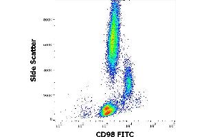 Flow cytometry surface staining pattern of human peripheral whole blood stained using anti-human CD98 (MEM-108) FITC antibody (20 μL reagent / 100 μL of peripheral whole blood).