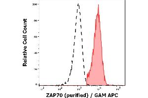 Separation of human CD3 negative ZAP70 positive lymphocytes (red-filled) from neutrophil granulocytes (black-dashed) in flow cytometry analysis (intracellular staining) of peripheral whole blood stained using anti-ZAP70 (ZAP-03) purified antibody (concentration in sample 9 μg/mL, GAM APC).