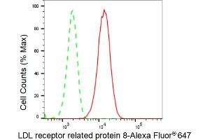 Flow cytometric analysis of LDL receptor related protein 8 expression in HepG2 cells using LDL receptor related protein 8 antibody (ABIN7799283), 1:2,000).