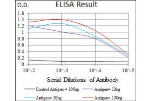 Red: Control Antigen (100ng) ; Purple: Antigen (10ng) ; Green: Antigen (50ng) ; Blue: Antigen (100ng).