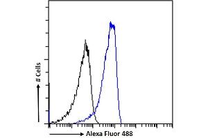 (ABIN185373) Flow cytometric analysis of paraformaldehyde fixed HeLa cells (blue line), permeabilized with 0. (Neuroserpin anticorps  (C-Term))