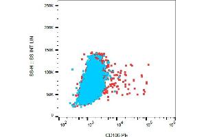 Flow cytometry analysis (surface staining) of TNF alpha-stimulated HUVEC cells with anti-CD106 (STA) PE.
