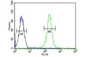 PAX1 antibody flow cytometric analysis of K562 cells (right histogram) compared to a negative control (left histogram)