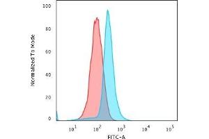 Flow Cytometric Analysis of PFA-fixed K562 cells using BCL10 Mouse Monoclonal Antibody (BL10/411) followed by Goat anti-Mouse IgG-CF488 (Blue); Isotype Control (Red)