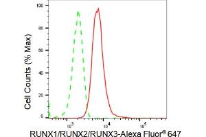 Flow cytometric analysis of RUNX1/RUNX2/RUNX3 expression in HT- cells using RUNX1/RUNX2/RUNX3 antibody (ABIN7800264), 1:2,000). (Recombinant RUNX1,RUNX2,RUNX3 anticorps)