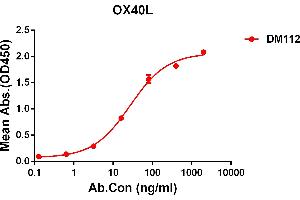 ELISA plate pre-coated by 2 μg/mL (100 μL/well) Human OX40L protein, mFc-His tagged protein ABIN6961094, ABIN7042217 and ABIN7042218 can bind Rabbit anti-OX40L monoclonal antibody  (clone: DM112) in a linear range of 0.