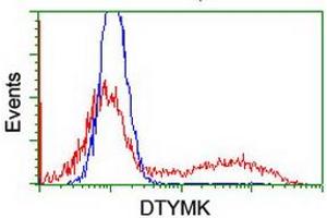 HEK293T cells transfected with either RC201228 overexpress plasmid (Red) or empty vector control plasmid (Blue) were immunostained by anti-DTYMK antibody (ABIN2454999), and then analyzed by flow cytometry. (DTYMK anticorps)