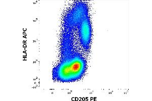 Flow cytometry multicolor surface staining of human lymphocytes stained using anti-human CD205 (HD30) PE antibody (10 μL reagent / 100 μL of peripheral whole blood) and anti-human HLA-DR (MEM-12) APC antibody (10 μL reagent / 100 μL of peripheral whole blood).