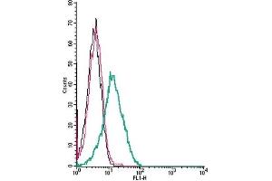 Cell surface detection of CHRM5 by indirect flow cytometry in live intact human Jurkat T-cell leukemia cells: (black line) Cells.