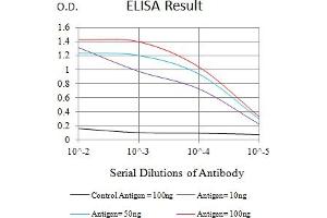 Black line: Control Antigen (100 ng),Purple line: Antigen (10 ng), Blue line: Antigen (50 ng), Red line:Antigen (100 ng) (SATB2 anticorps  (AA 377-499))